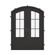 Bristol iron entry door in bronze hue with glass windows and arched top.
