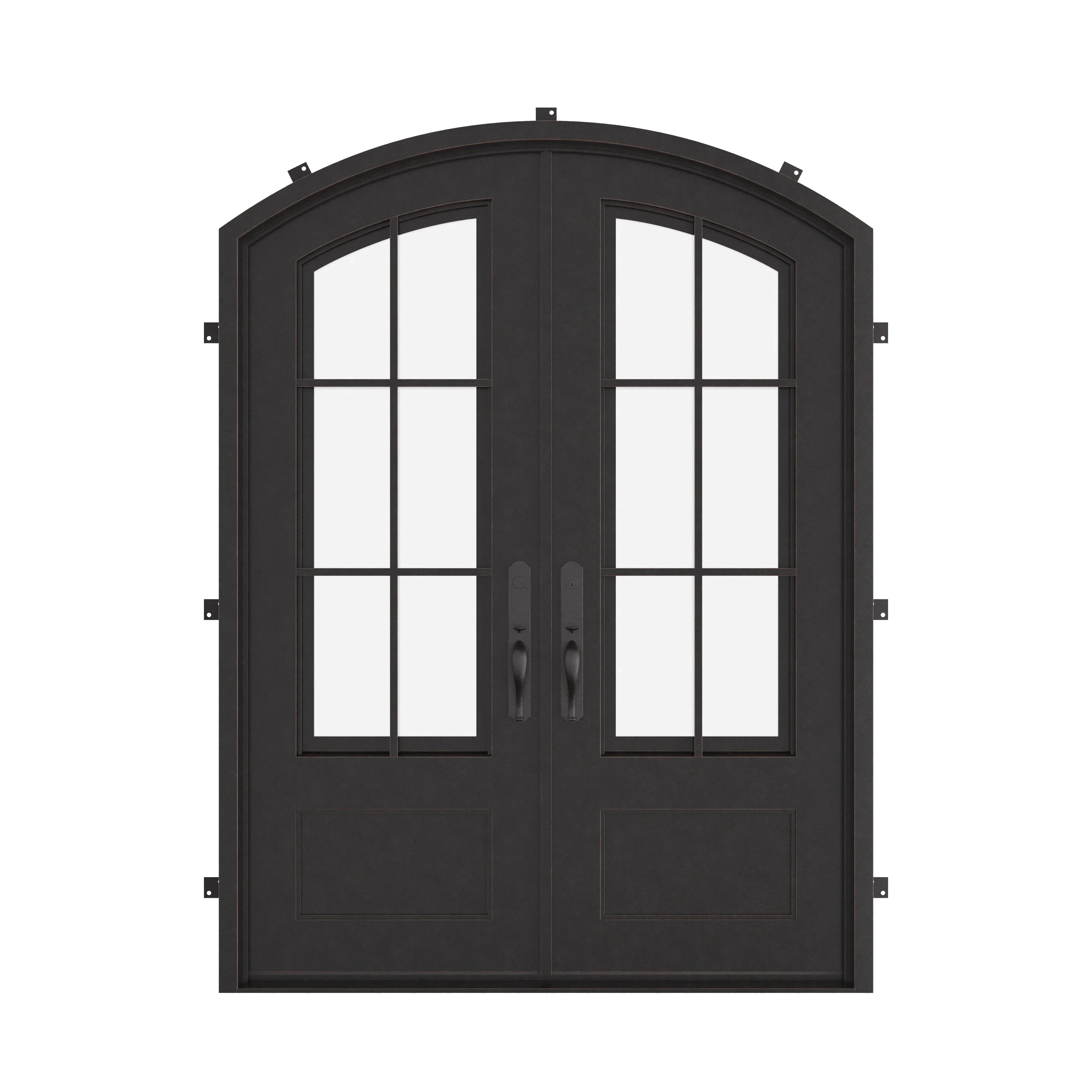 Bristol iron entry door in bronze hue with glass windows and arched top.