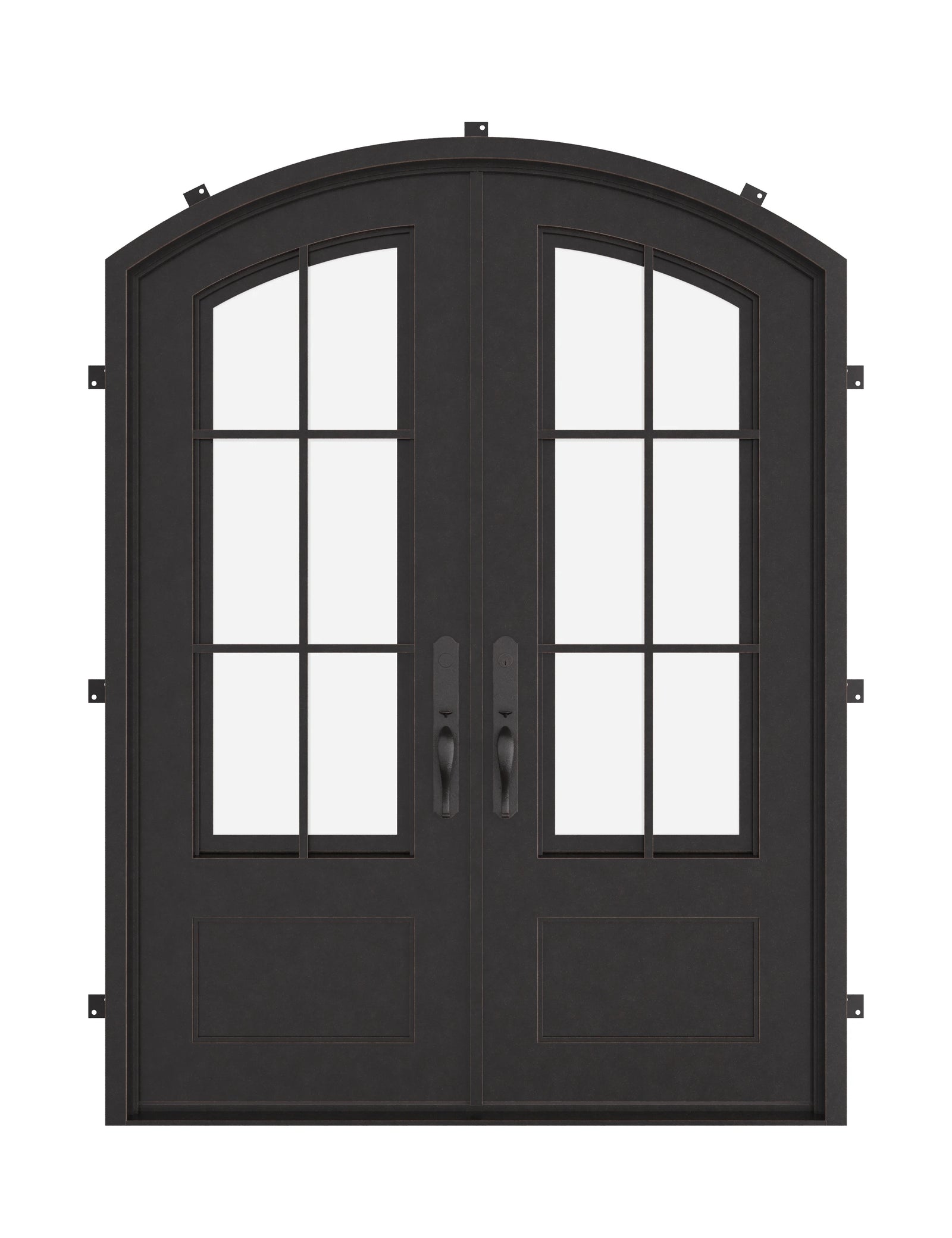 Bristol bronze finished arched style double door with clear glass.