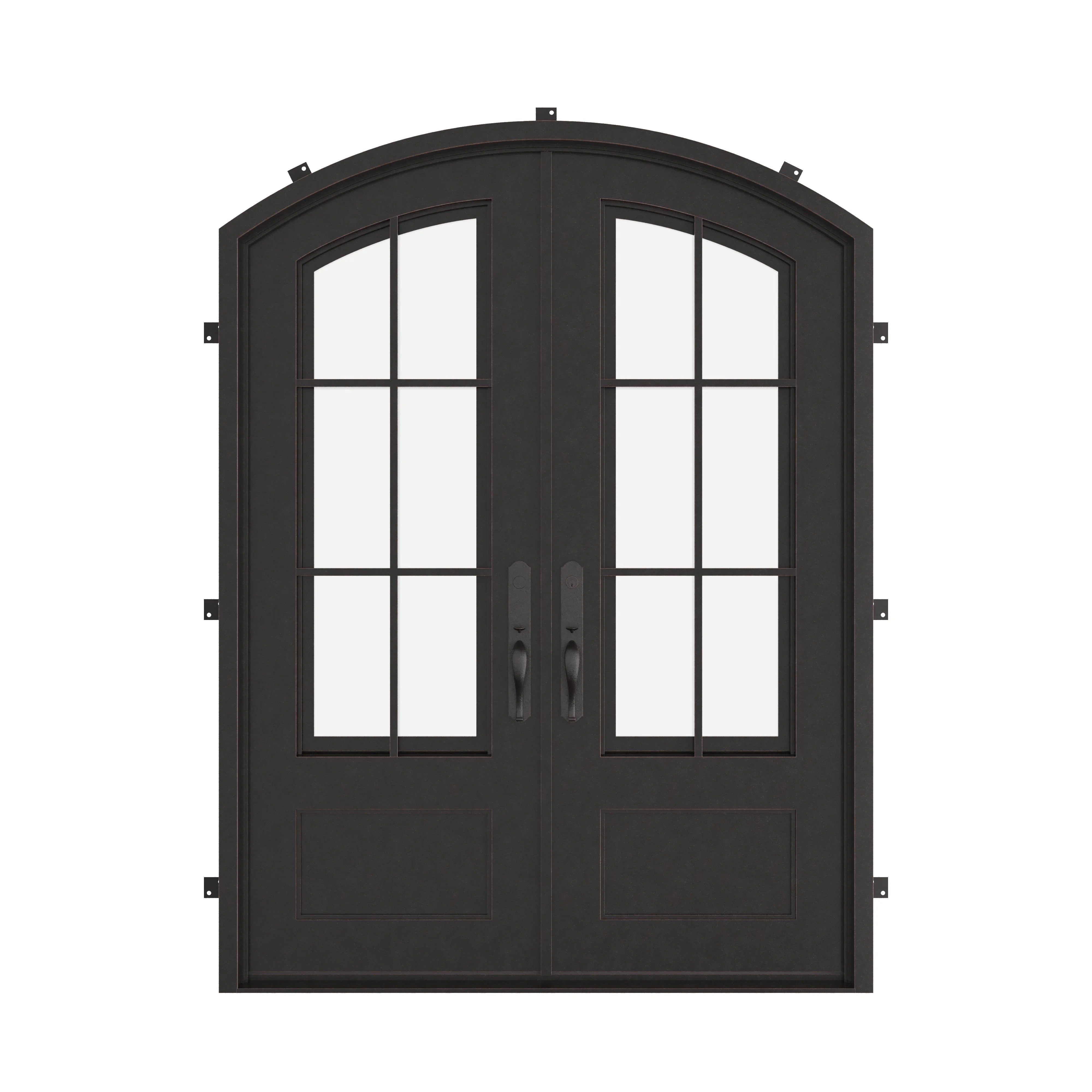 Bristol bronze finished arched style double door with clear glass.