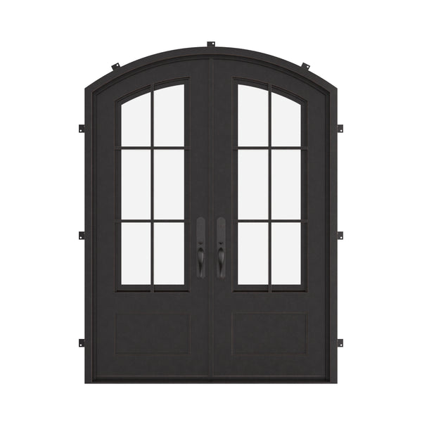 Bristol bronze finished arched style double door with clear glass.