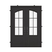 Bristol black metal double flat top swing door with tempered glass.