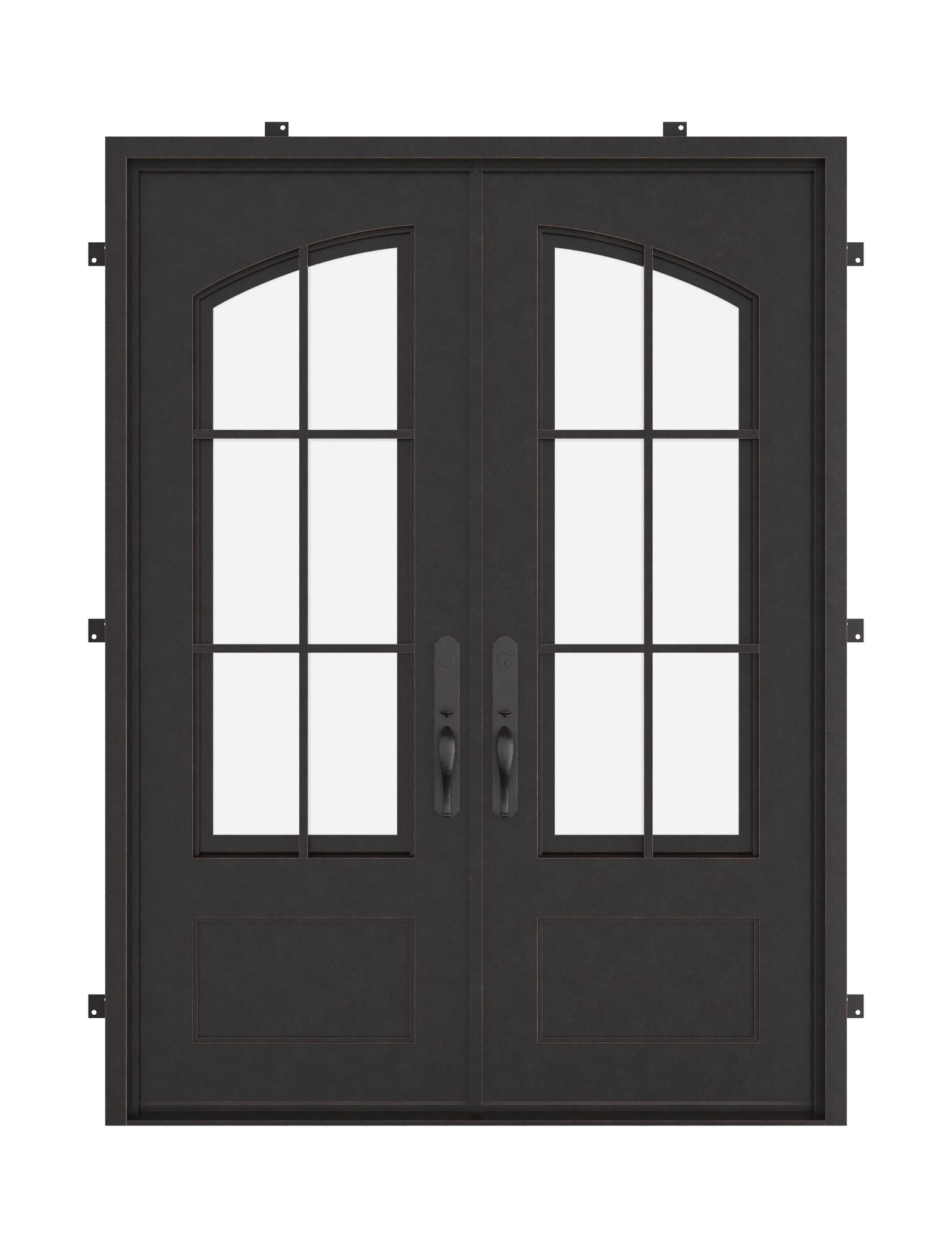 Bristol black metal double flat top swing door with tempered glass.