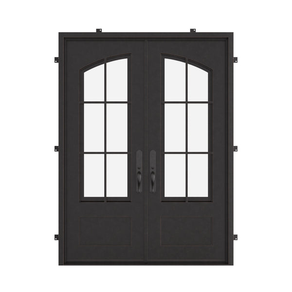 Bristol black metal double flat top swing door with tempered glass.