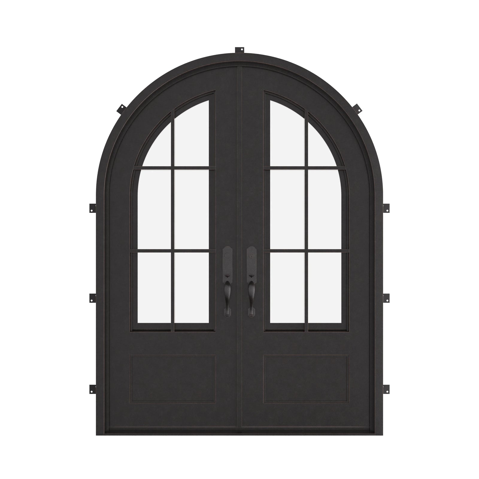 Bristol radius top iron double entry door with glass.