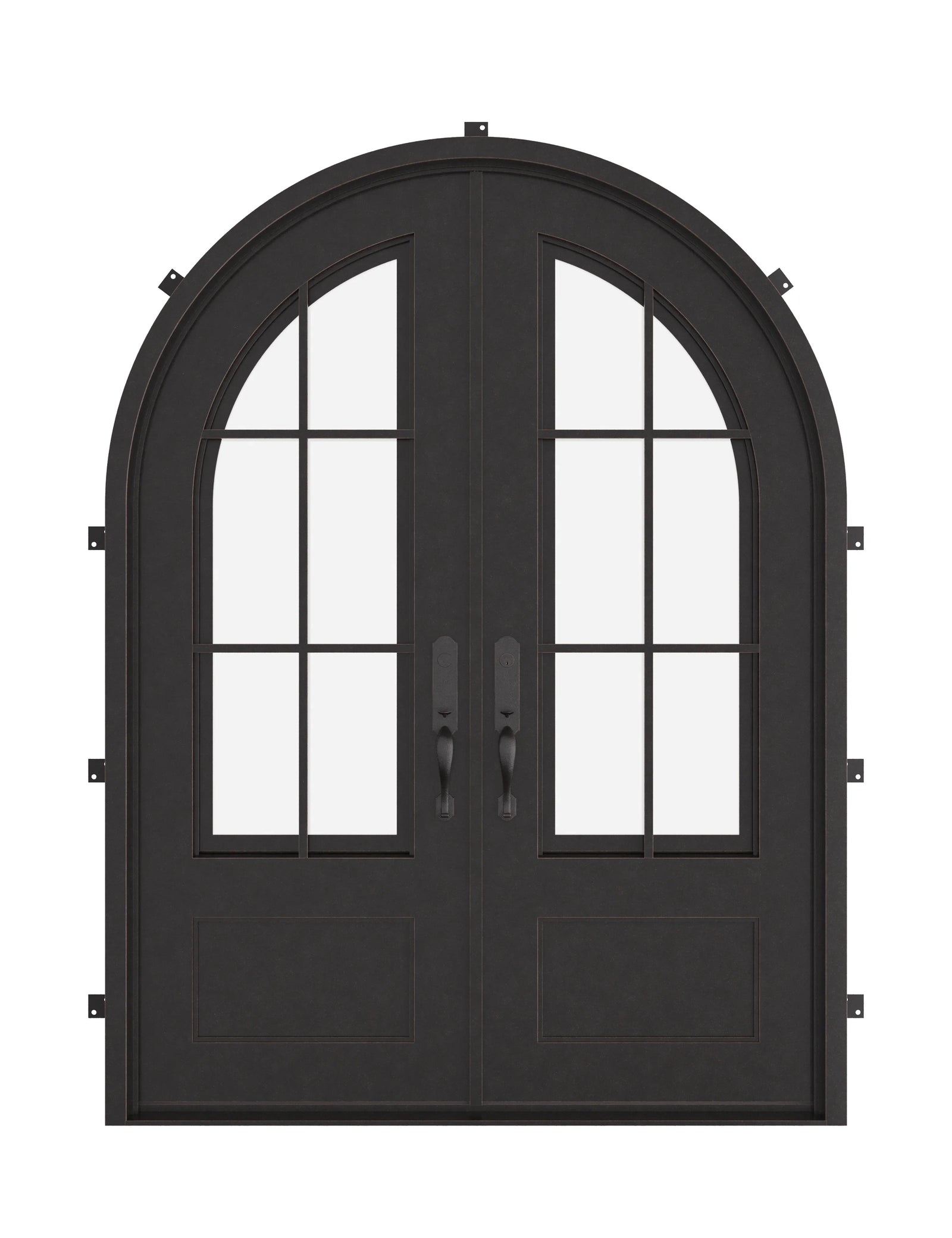Bristol radius top iron double entry door with glass.