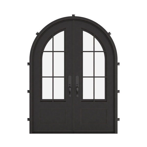 Bristol radius top iron double entry door with glass.