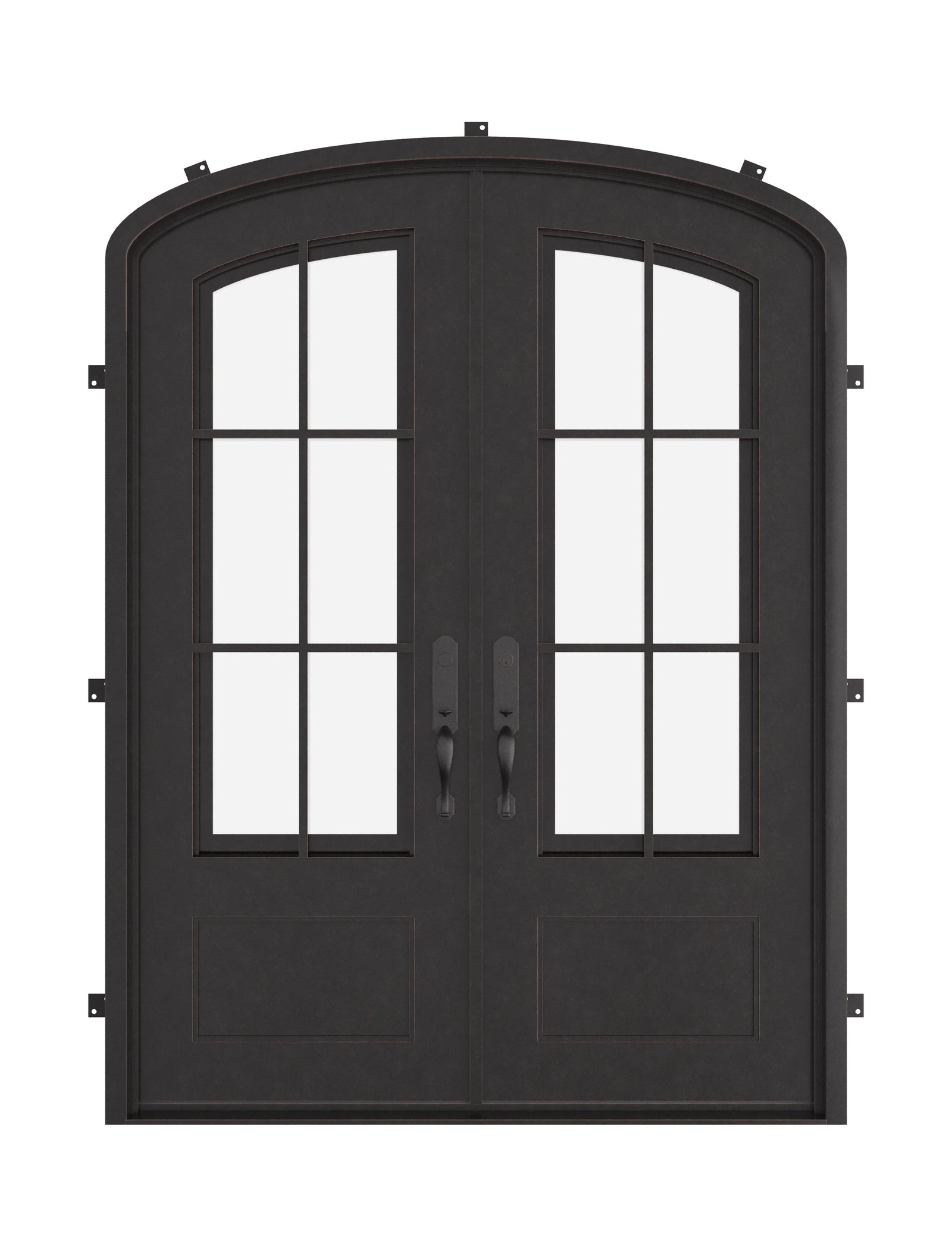 Bristol arch double entry door in bronze hue with clear glass.