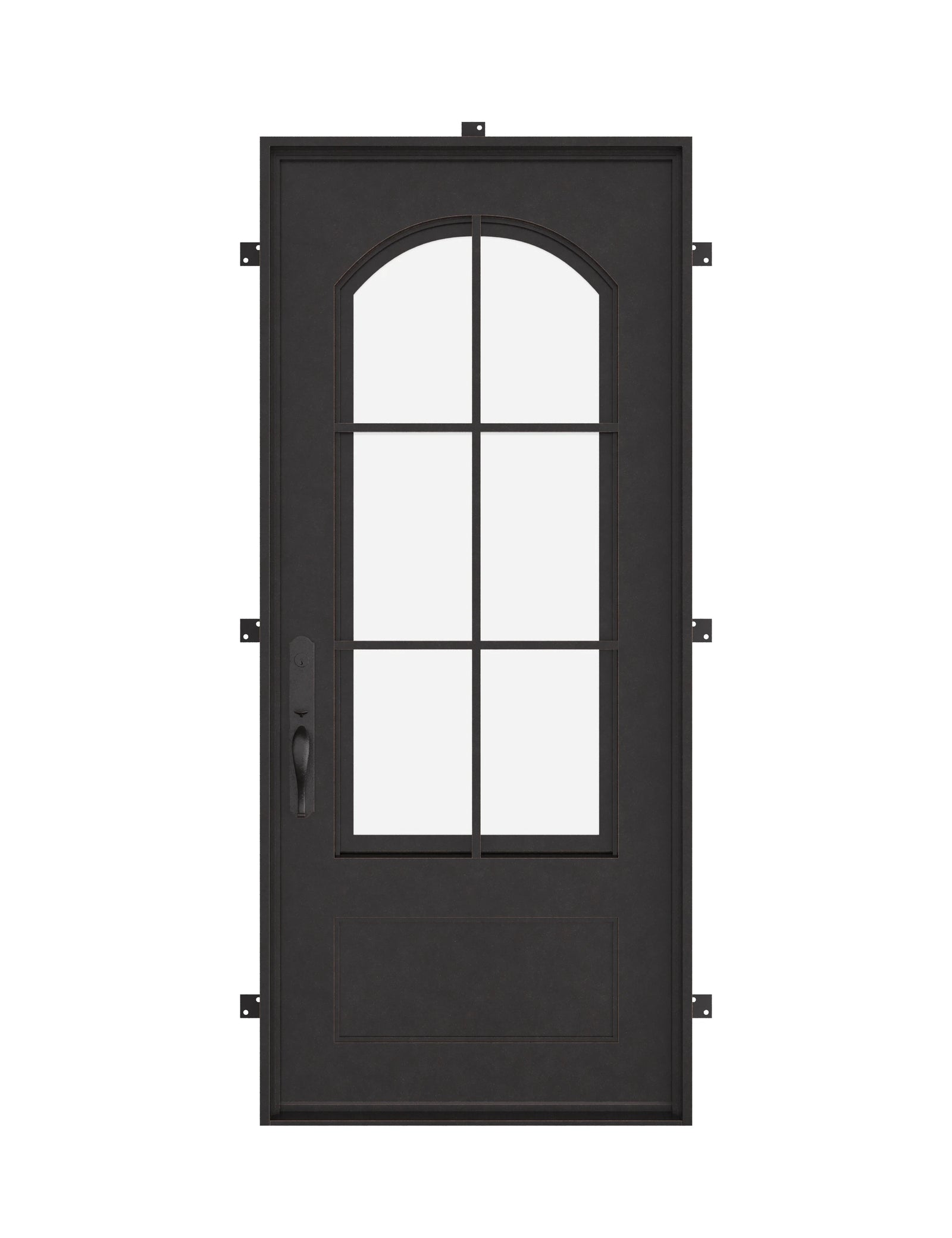 Bristol Black metal flat top single swing door with double-pane tempered glass.