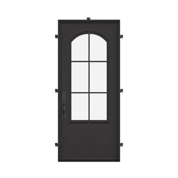Bristol Black metal flat top single swing door with double-pane tempered glass.