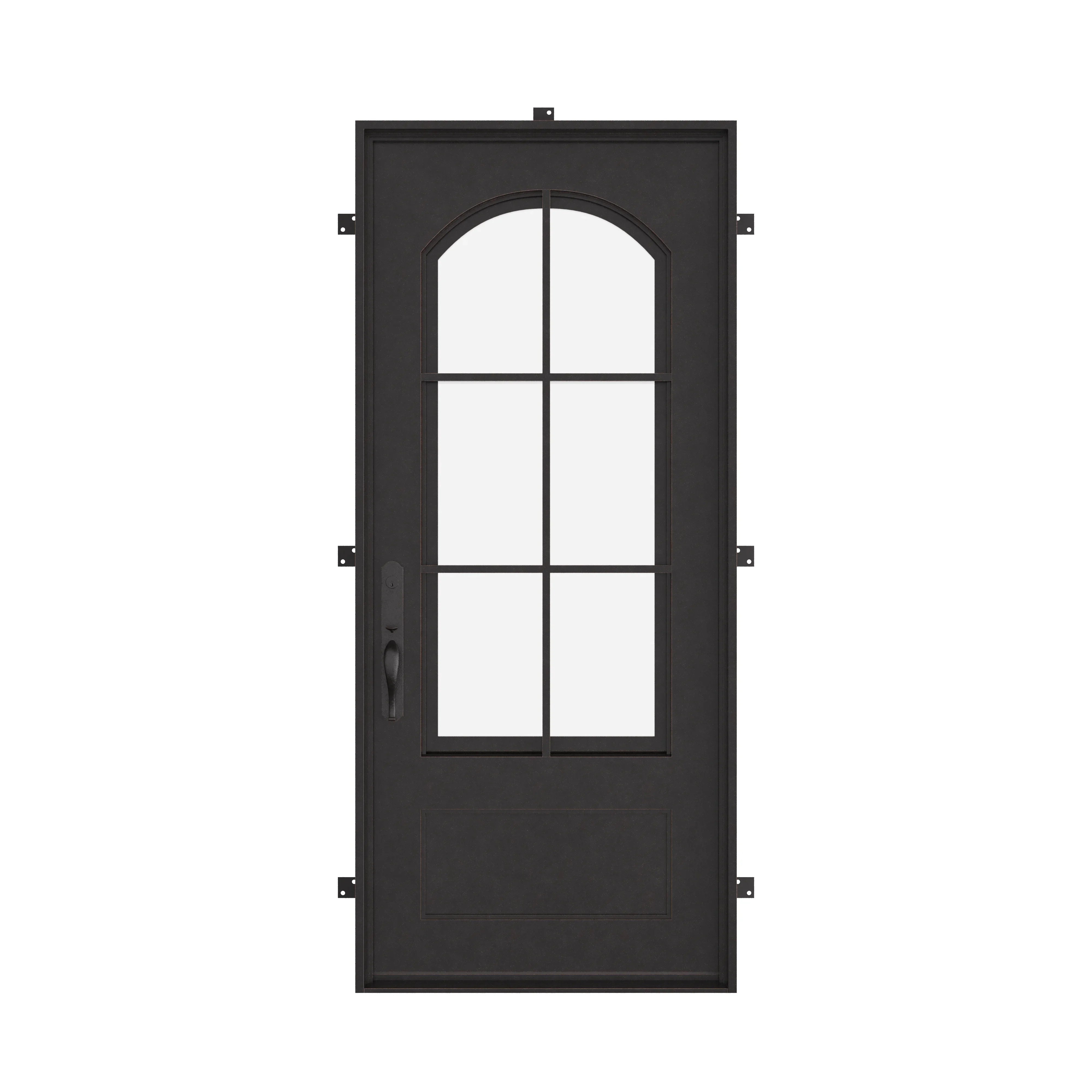 Bristol Pre-hung bronze color iron flat top single door with operable glass panel.