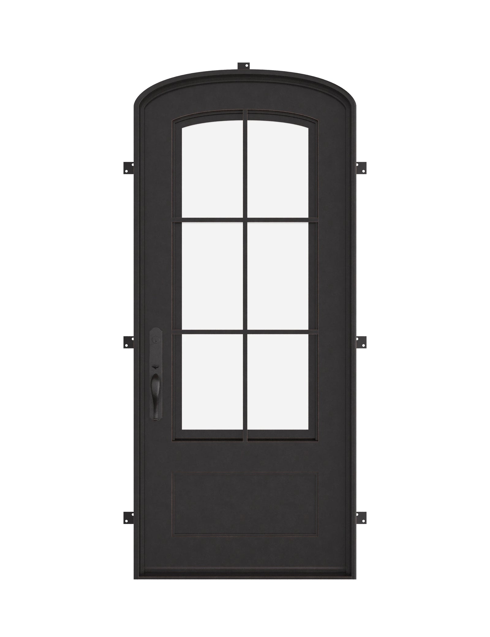 Bristol black exterior wrought iron mini arch top single door with double-pane glass.