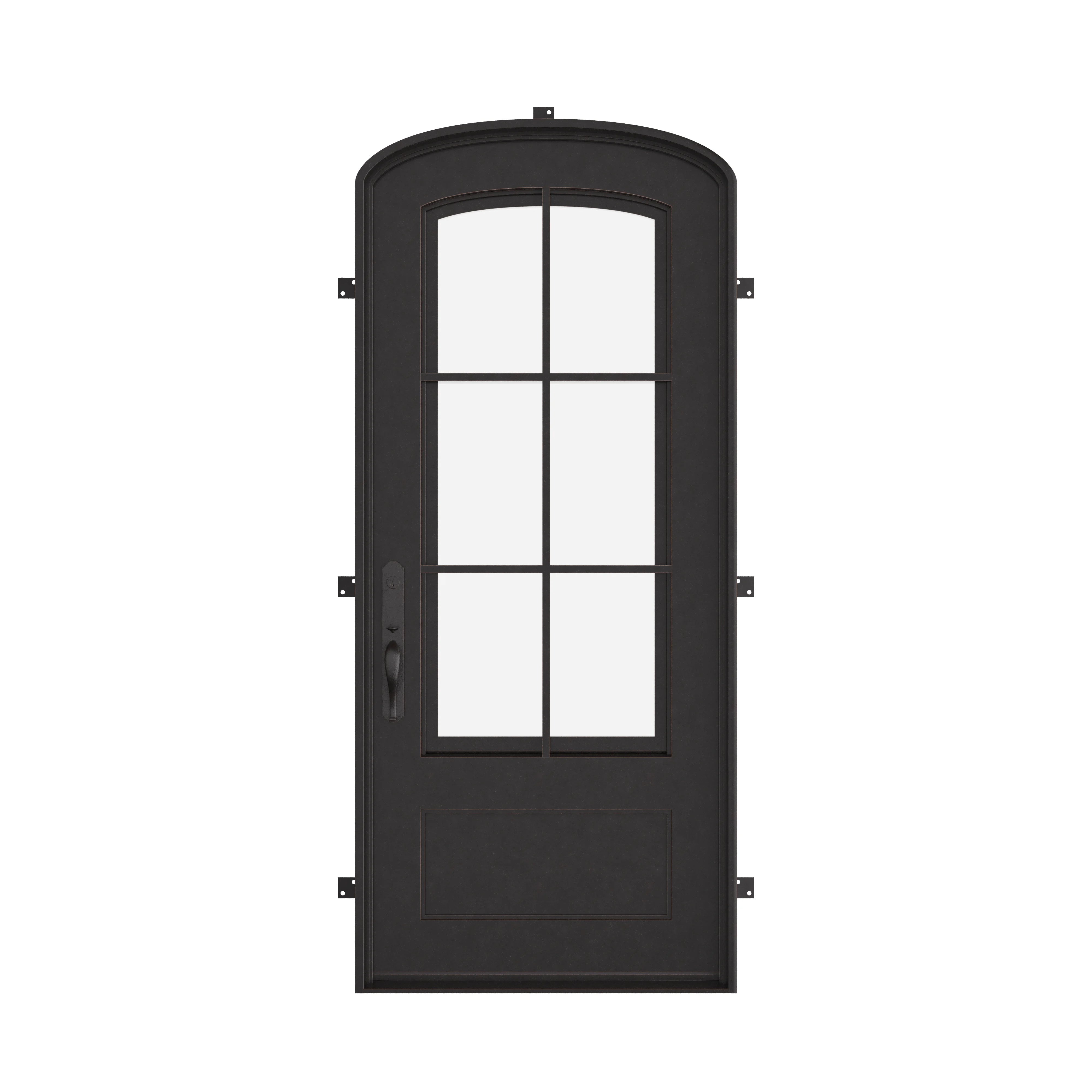 Bristol black exterior wrought iron mini arch top single door with double-pane glass.