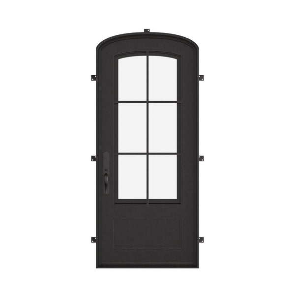 Bristol black exterior wrought iron mini arch top single door with double-pane glass.