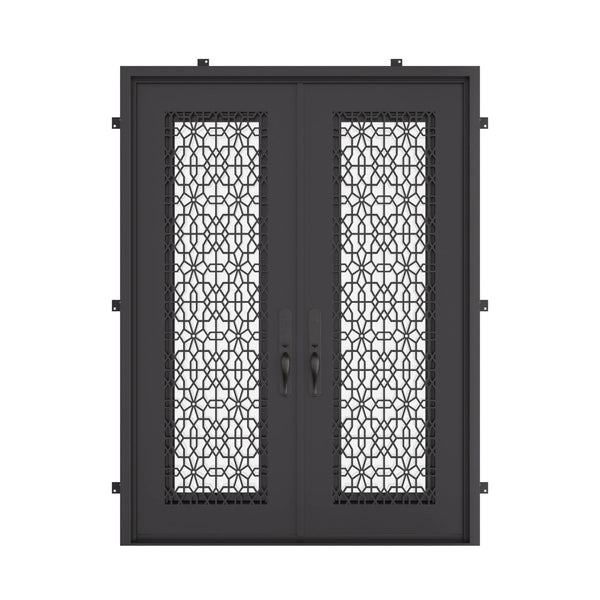 DNA’ Door bronze color metal double door with square top and thick tempered glass.