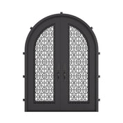 DNA’ Door radius top double swing door with hand forged scrollwork and tempered glass.