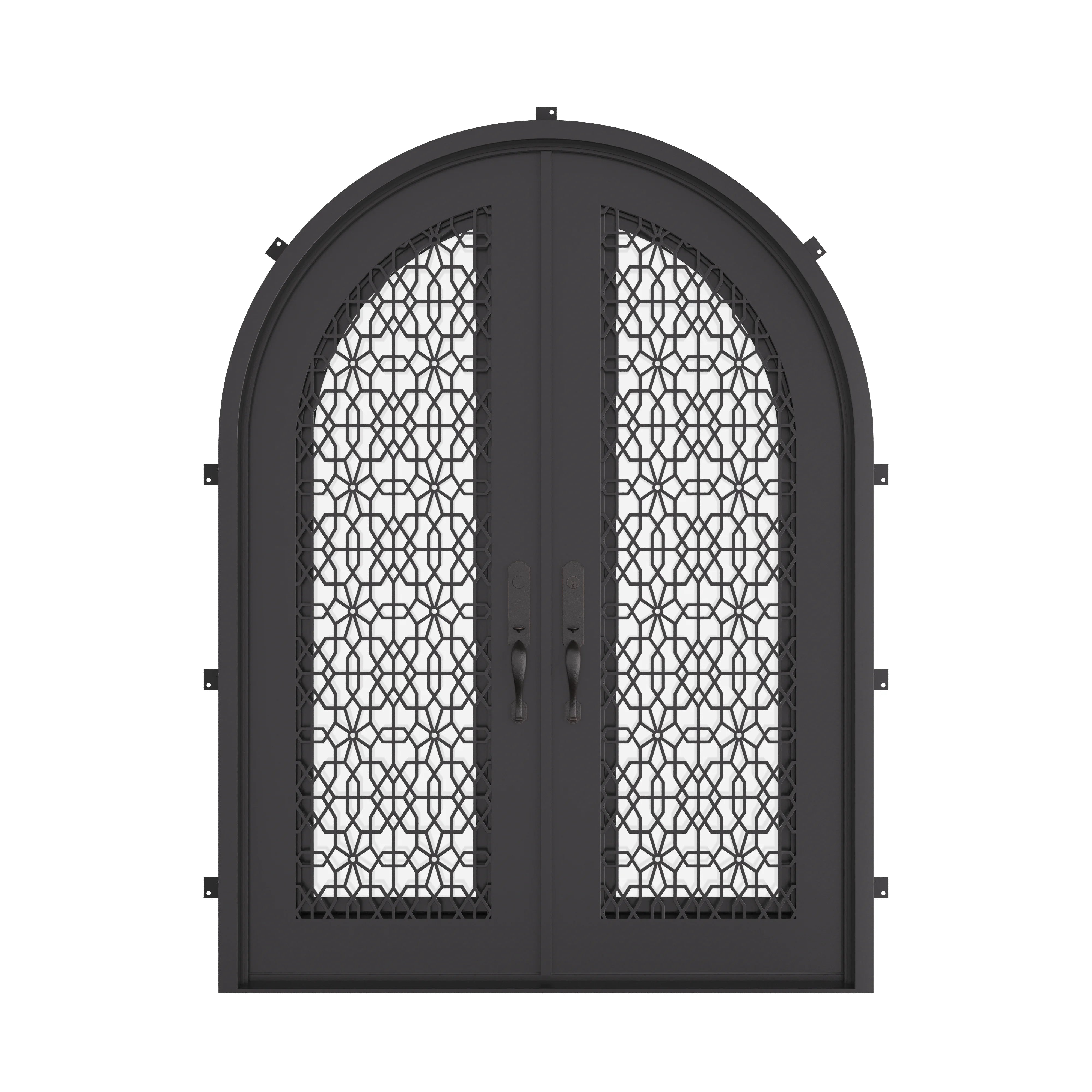 DNA’ Door radius top double swing door with hand forged scrollwork and tempered glass.