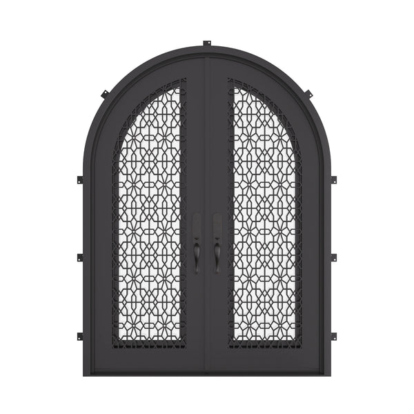 DNA’ Door radius top double swing door with hand forged scrollwork and tempered glass.