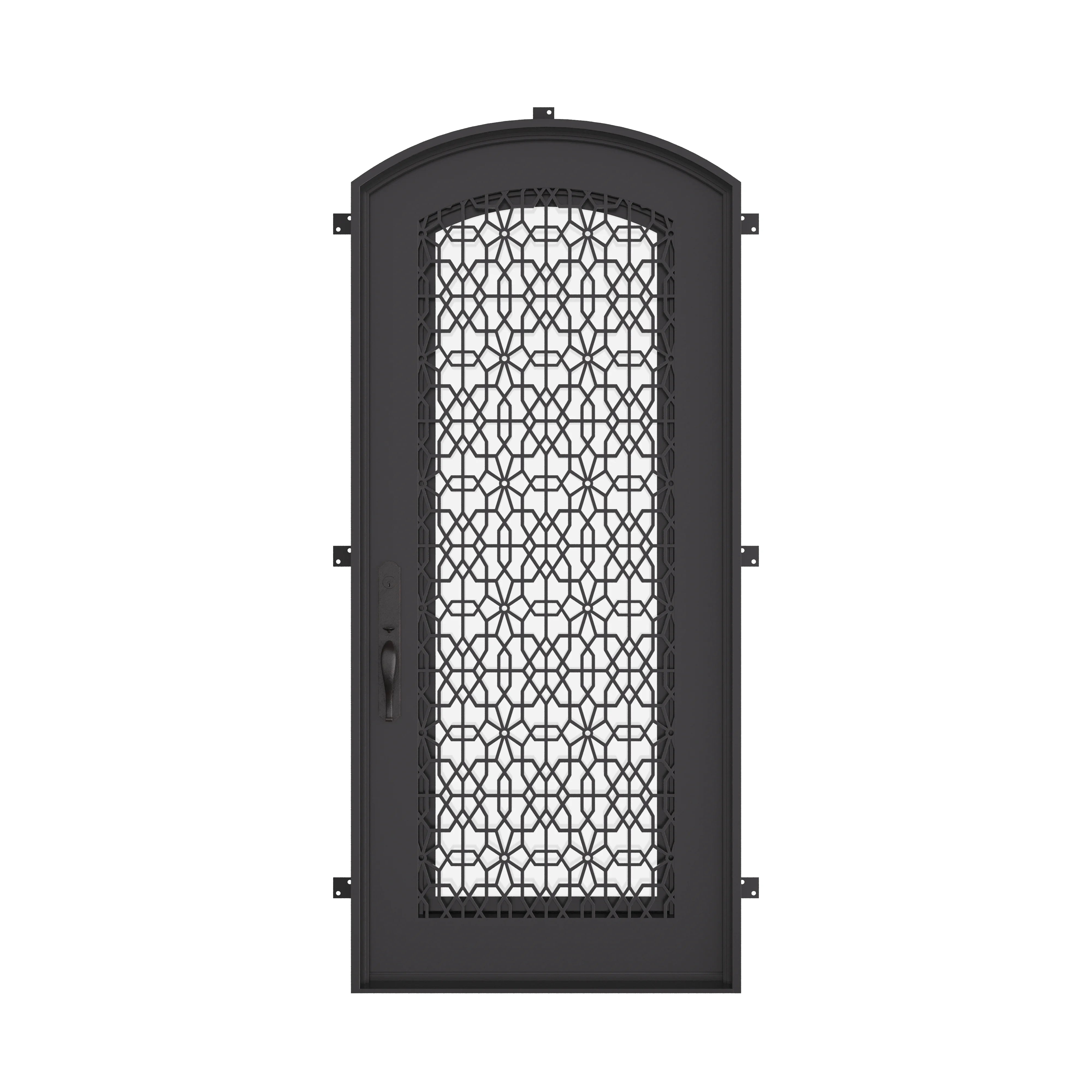 DNA’ black exterior wrought iron eyebrow arch top door with glass.