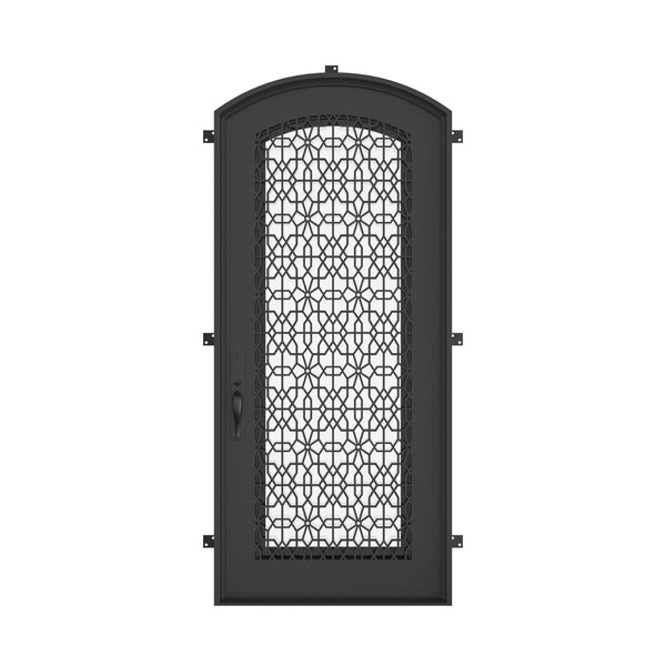 DNA’ black exterior wrought iron eyebrow arch top door with glass.
