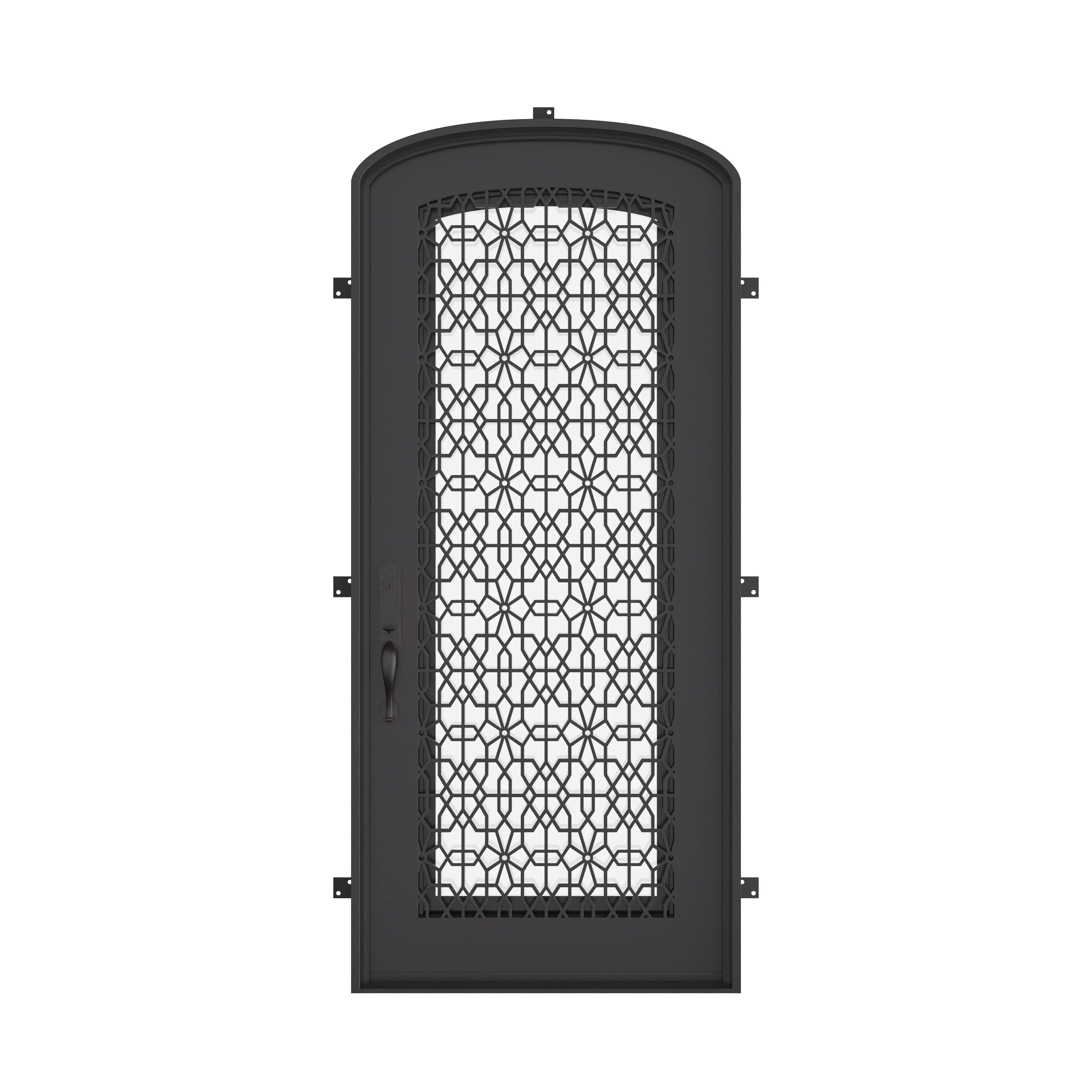 DNA’ single mini arch top iron front door with ornate scrollwork in bronze color.