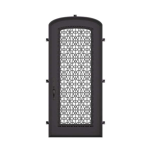 DNA’ single mini arch top iron front door with ornate scrollwork in bronze color.