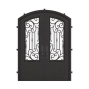 Golden Gate bronze shaded double entry door with arched top and glass windows.