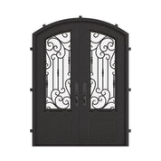 Golden Gate bronze colored iron entry door with arched design and clear glass.
