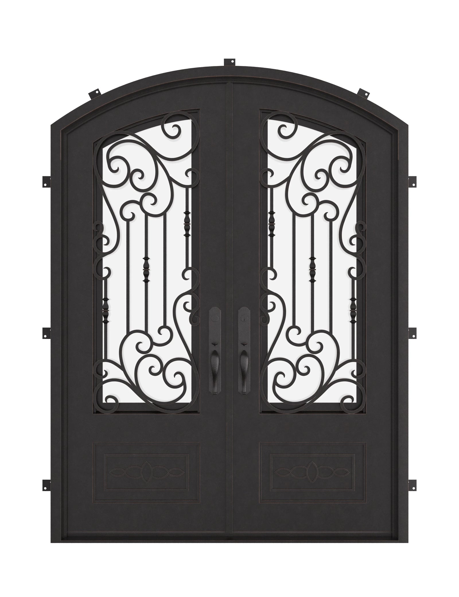 Golden Gate bronze colored iron entry door with arched design and clear glass.