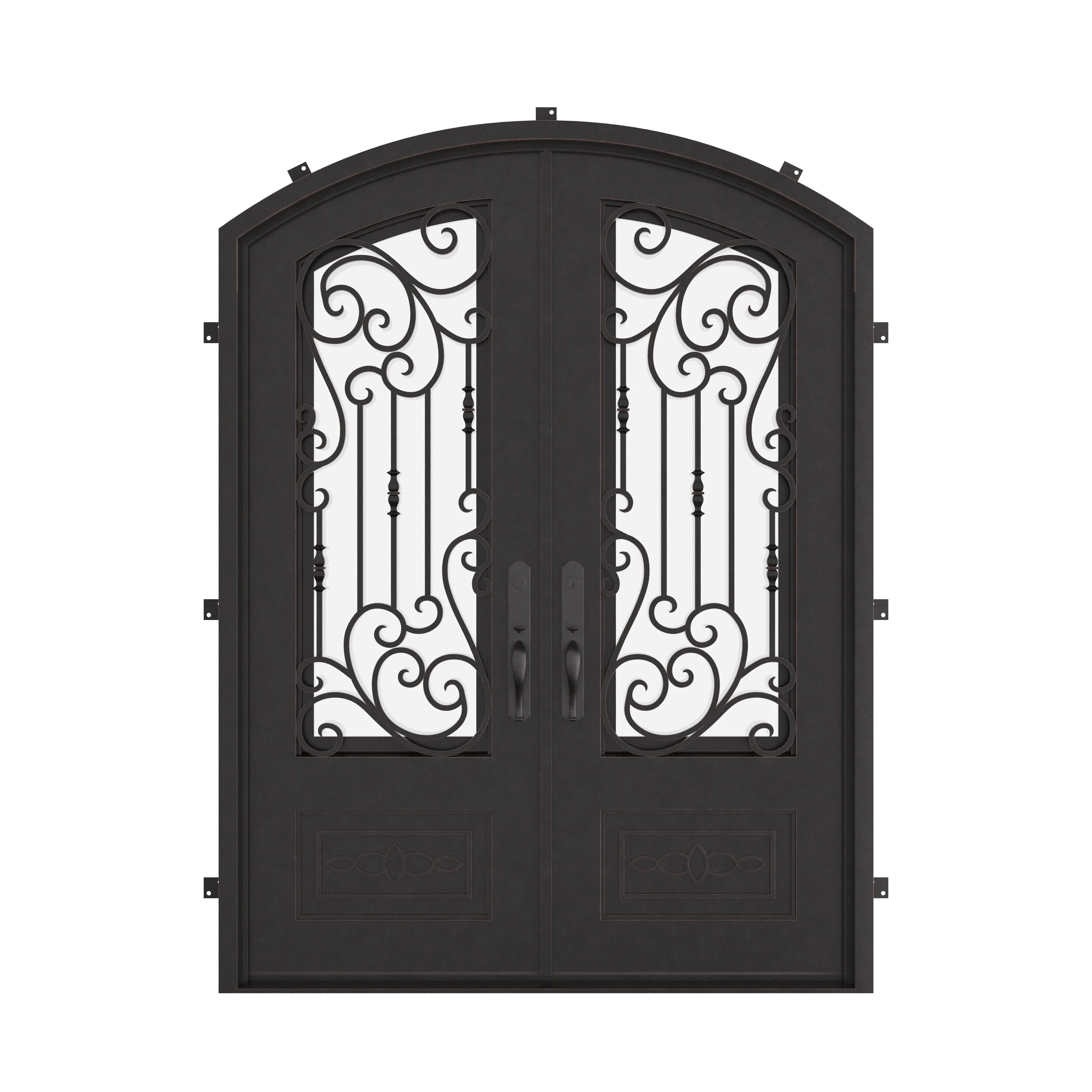 Golden Gate bronze colored iron entry door with arched design and clear glass.