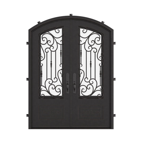 Golden Gate bronze colored iron entry door with arched design and clear glass.