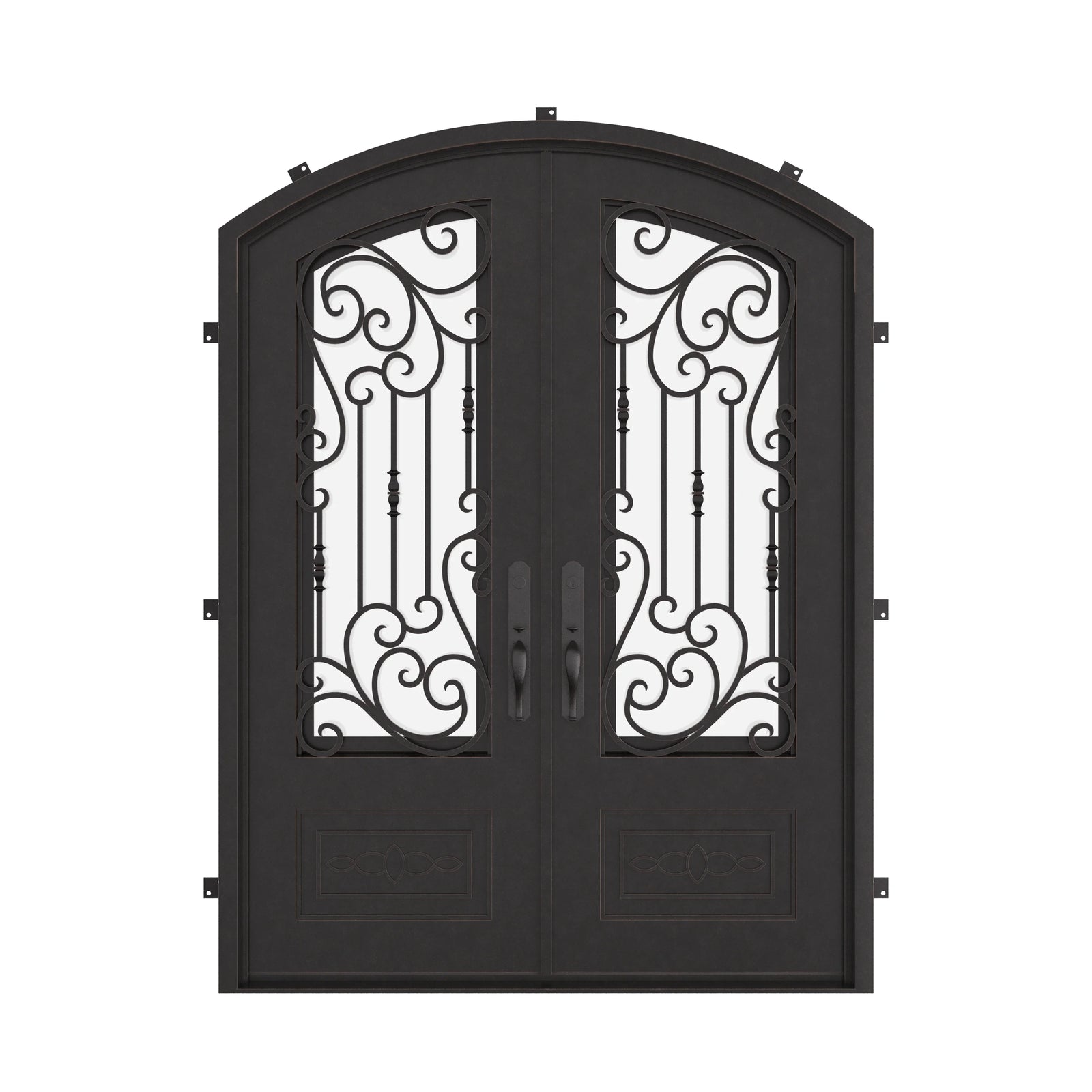 Golden Gate metal arch top double entry door with thermal barrier and glass in bronze.