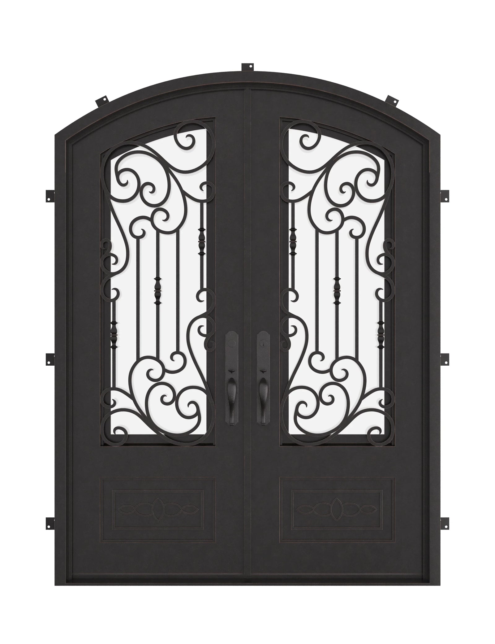 Golden Gate metal arch top double entry door with thermal barrier and glass in bronze.