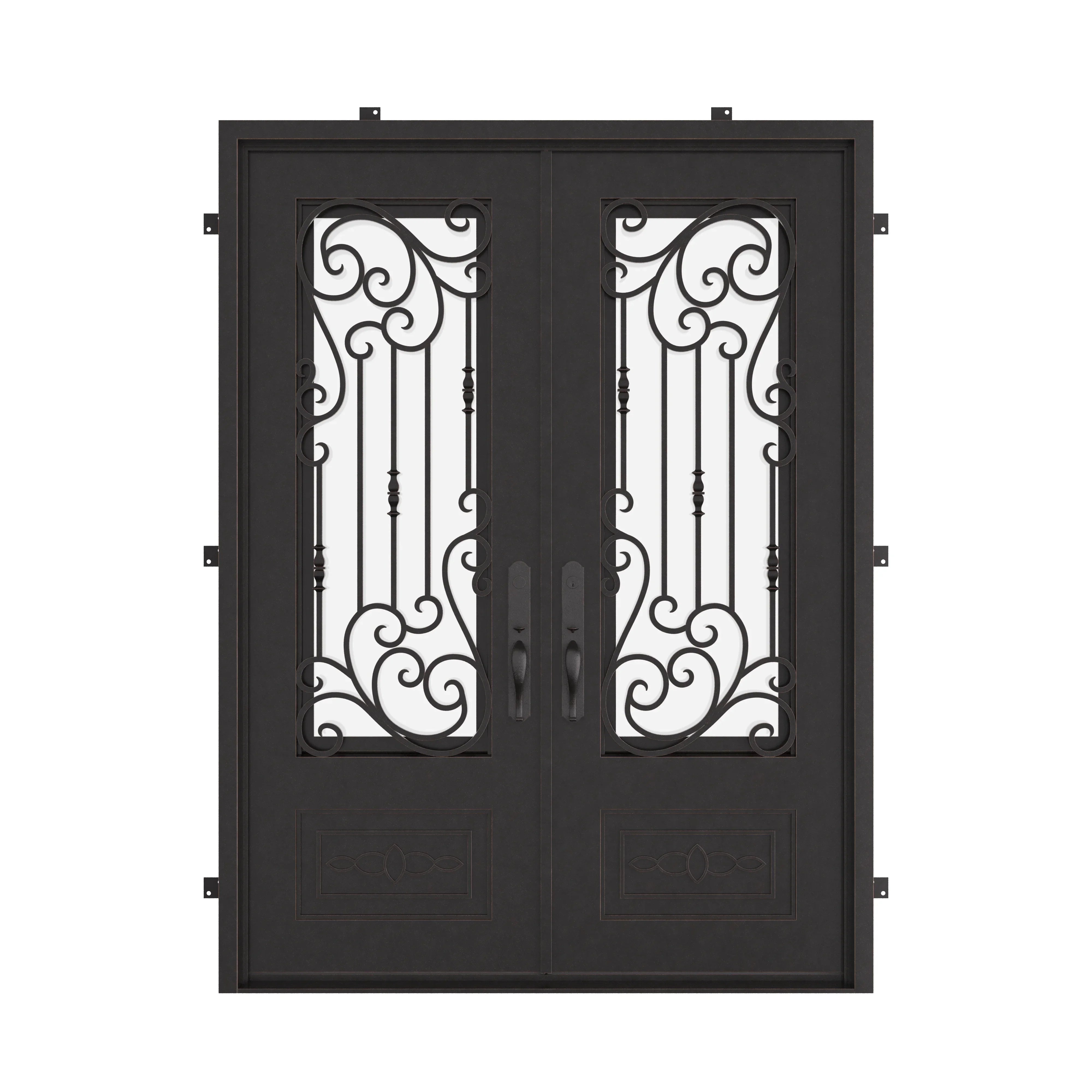 Golden Gate bronze color exterior iron double square top hinged door.