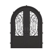 Golden Gate double radius top entry door with operable glass panel and scrollwork.