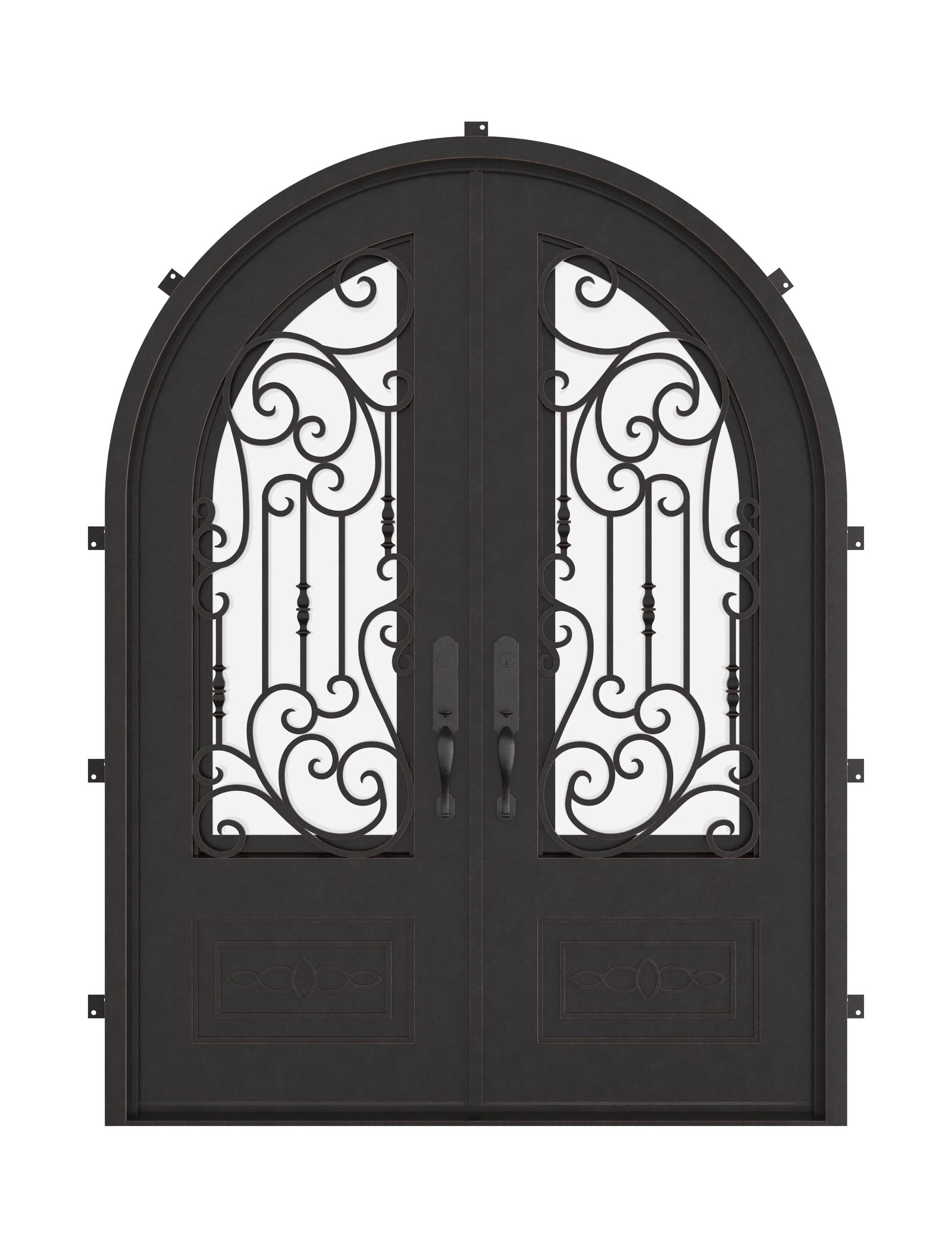 Golden Gate double radius top entry door with operable glass panel and scrollwork.