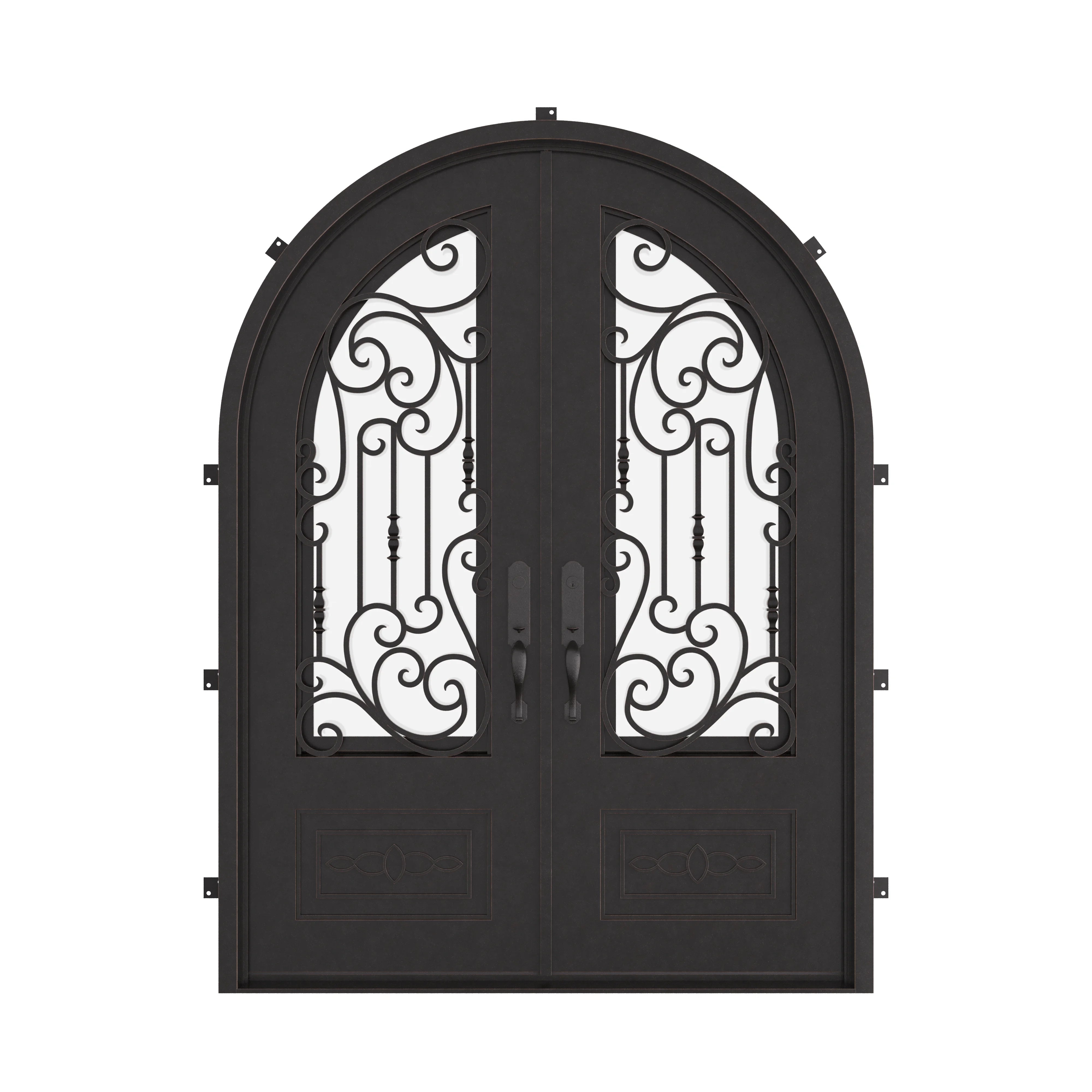 Golden Gate double radius top entry door with operable glass panel and scrollwork.