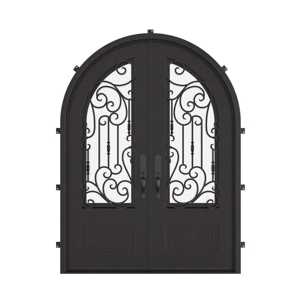 Golden Gate double radius top entry door with operable glass panel and scrollwork.
