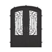 Golden Gate bronze shaded iron door with clear glass and arched top.