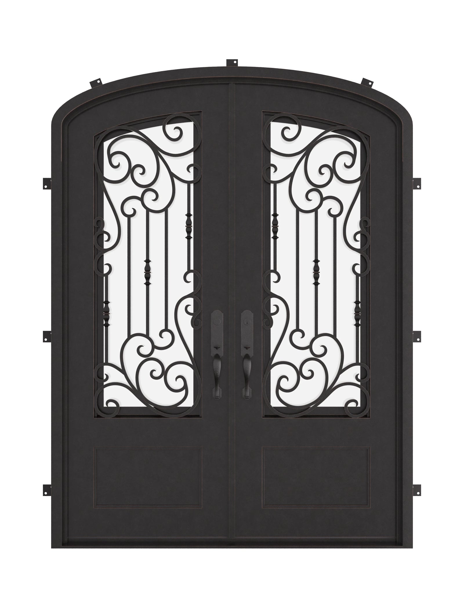 Golden Gate bronze shaded iron door with clear glass and arched top.