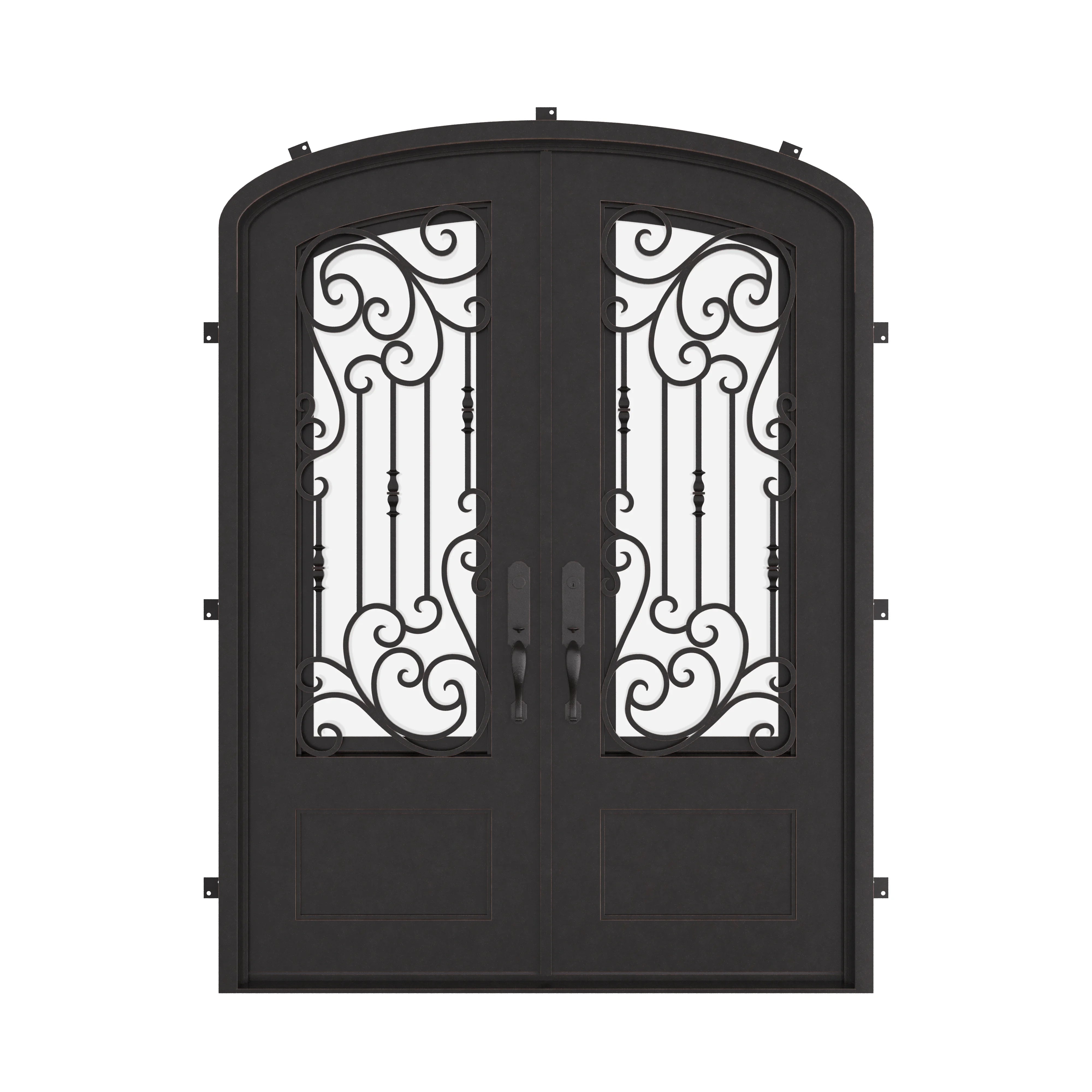 Golden Gate bronze shaded iron door with clear glass and arched top.