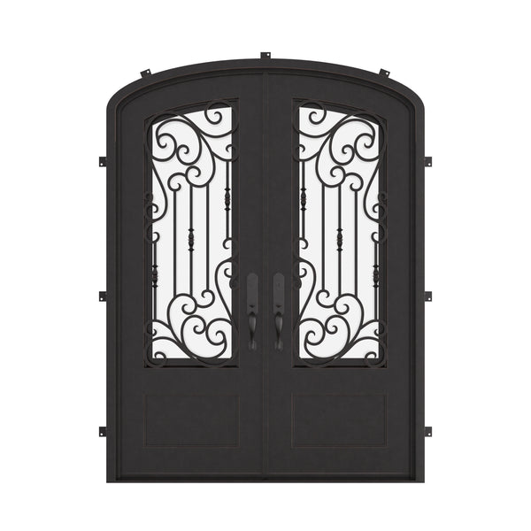 Golden Gate bronze shaded iron door with clear glass and arched top.