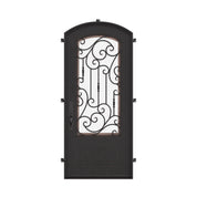 Golden Gate single eyebrow arch top single door with decorative scrollwork and glass.