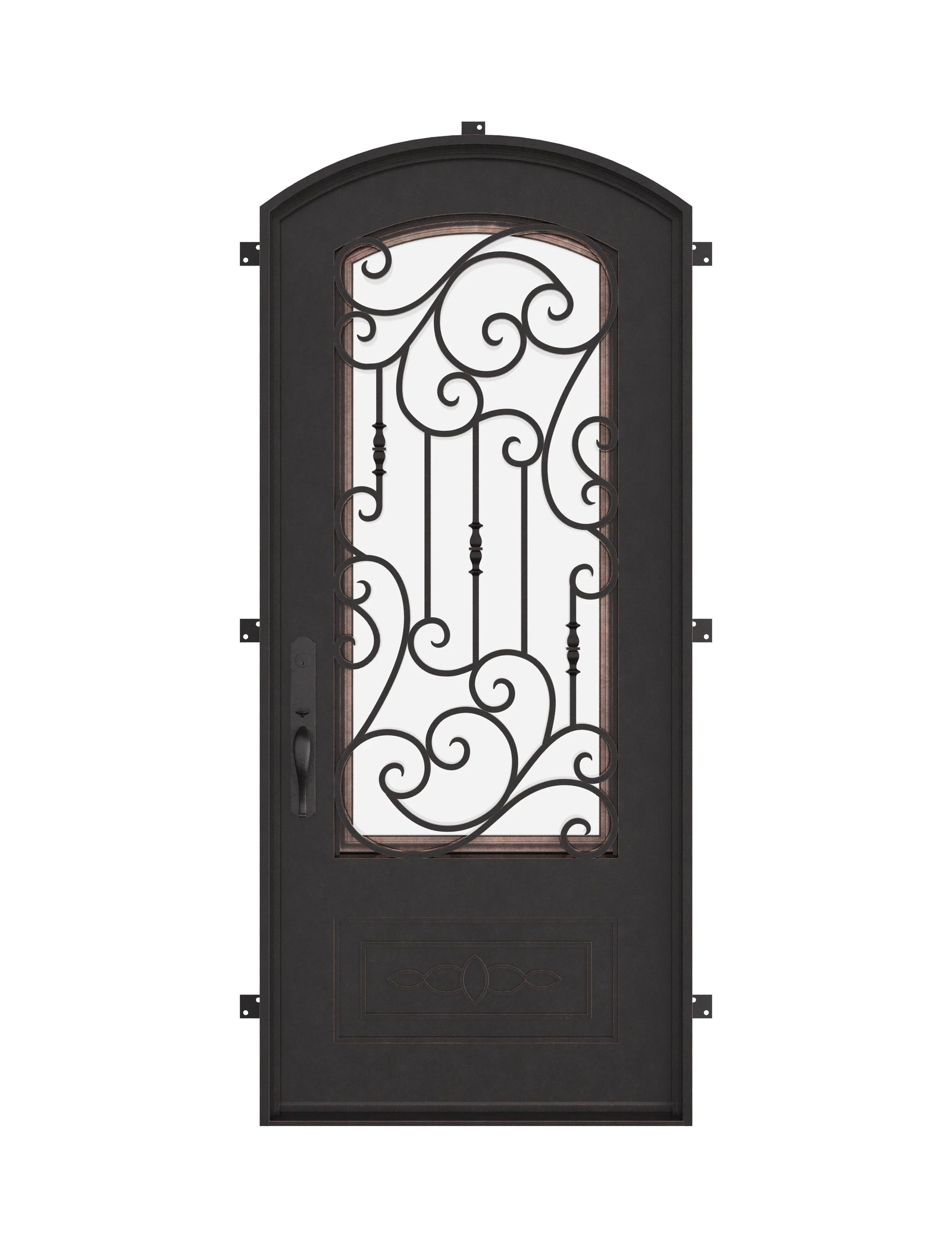 Golden Gate single eyebrow arch top single door with decorative scrollwork and glass.