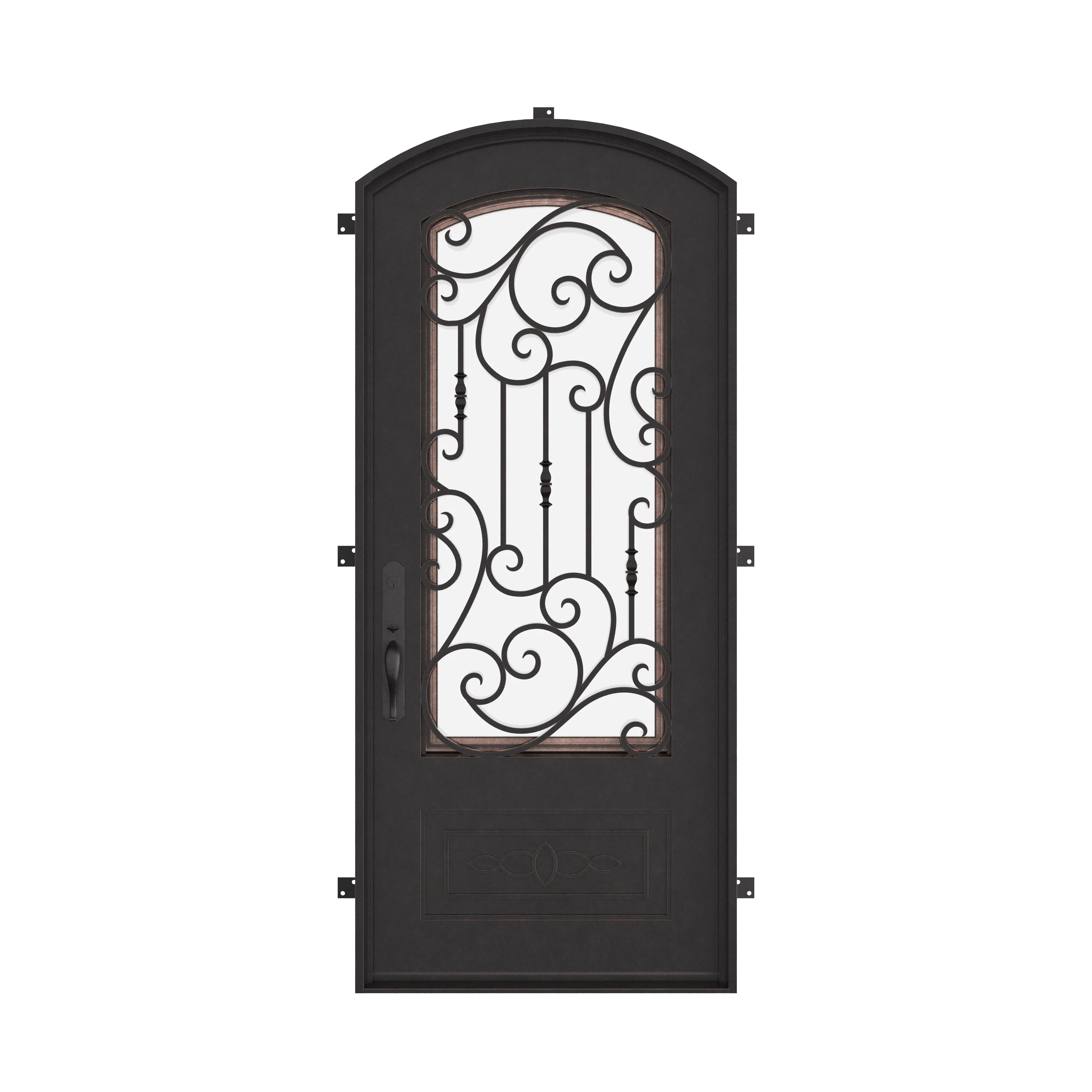 Golden Gate single eyebrow arch top single door with decorative scrollwork and glass.