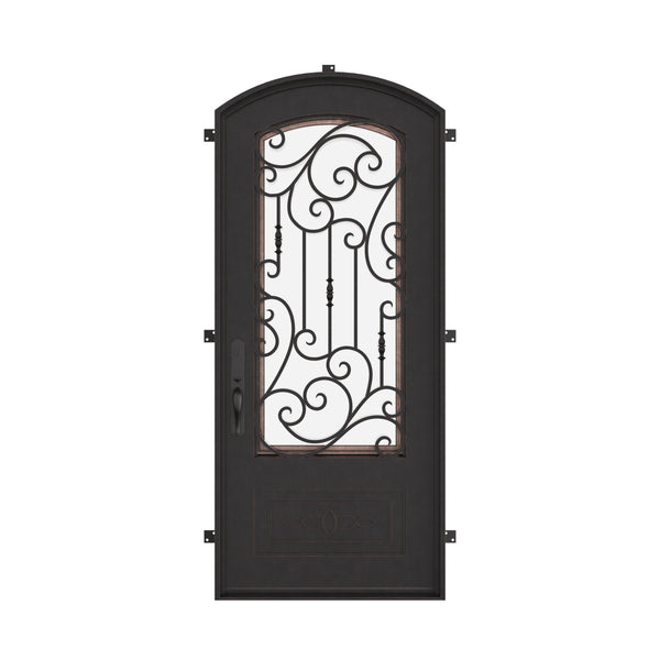 Golden Gate single eyebrow arch top single door with decorative scrollwork and glass.
