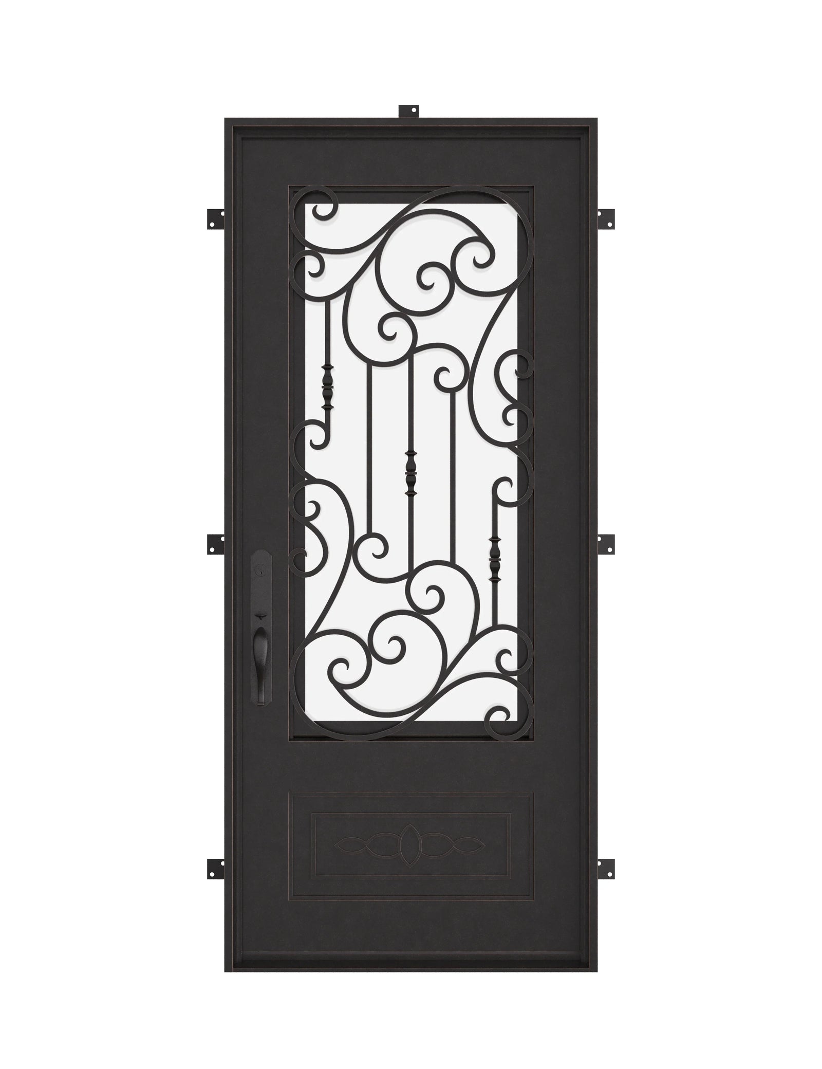Golden Gate single flat door with thermal barrier and decorative metalwork in black.