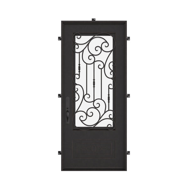 Golden Gate single flat door with thermal barrier and decorative metalwork in black.