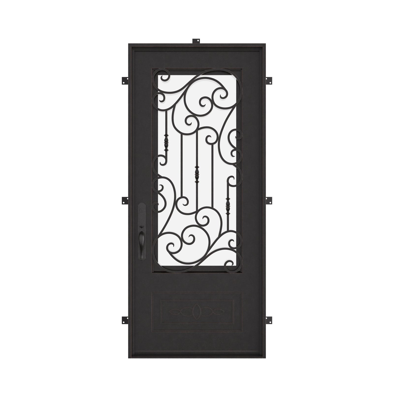 Golden Gate flat top single entry door with thermal break and decorative metalwork.