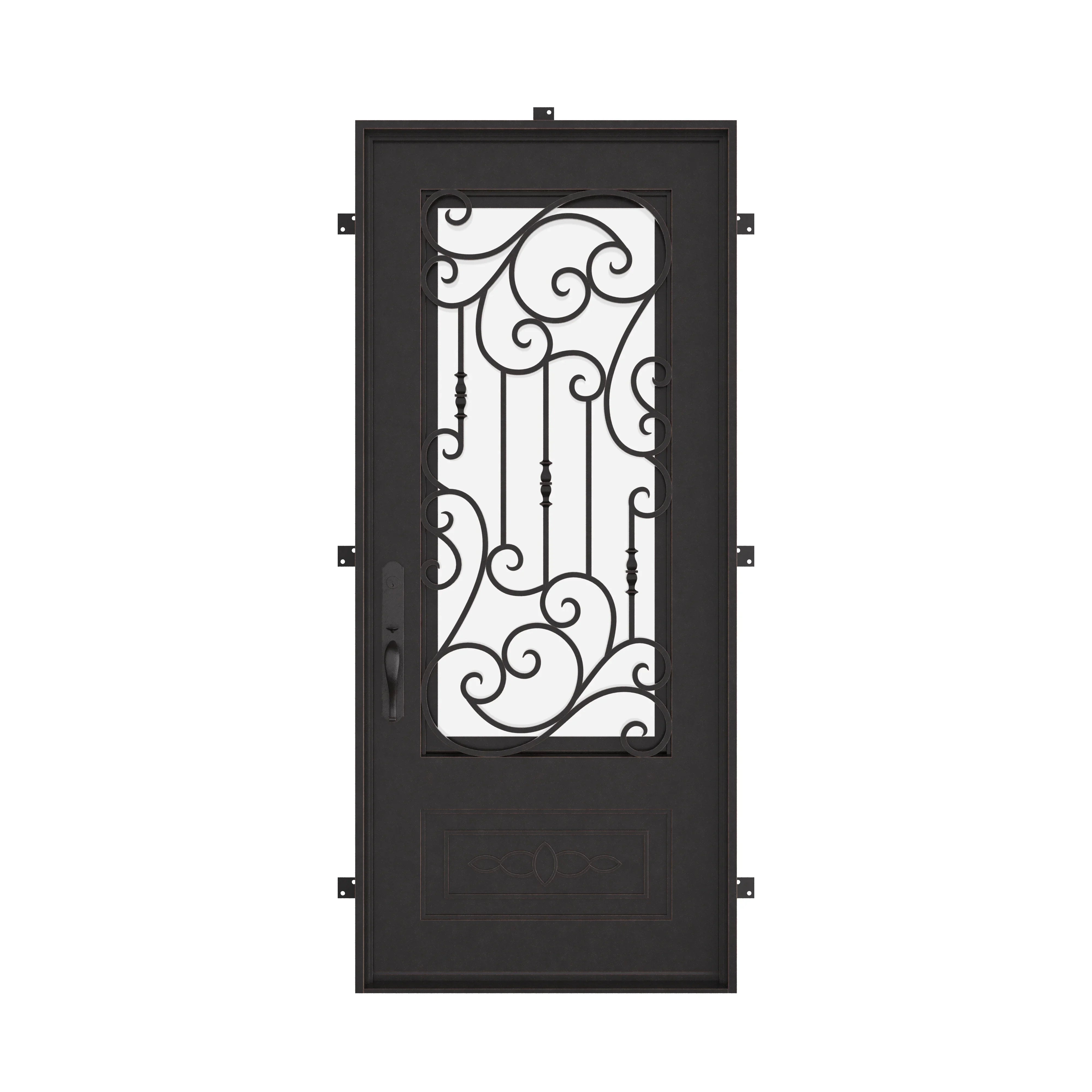 Golden Gate flat top single entry door with thermal break and decorative metalwork.